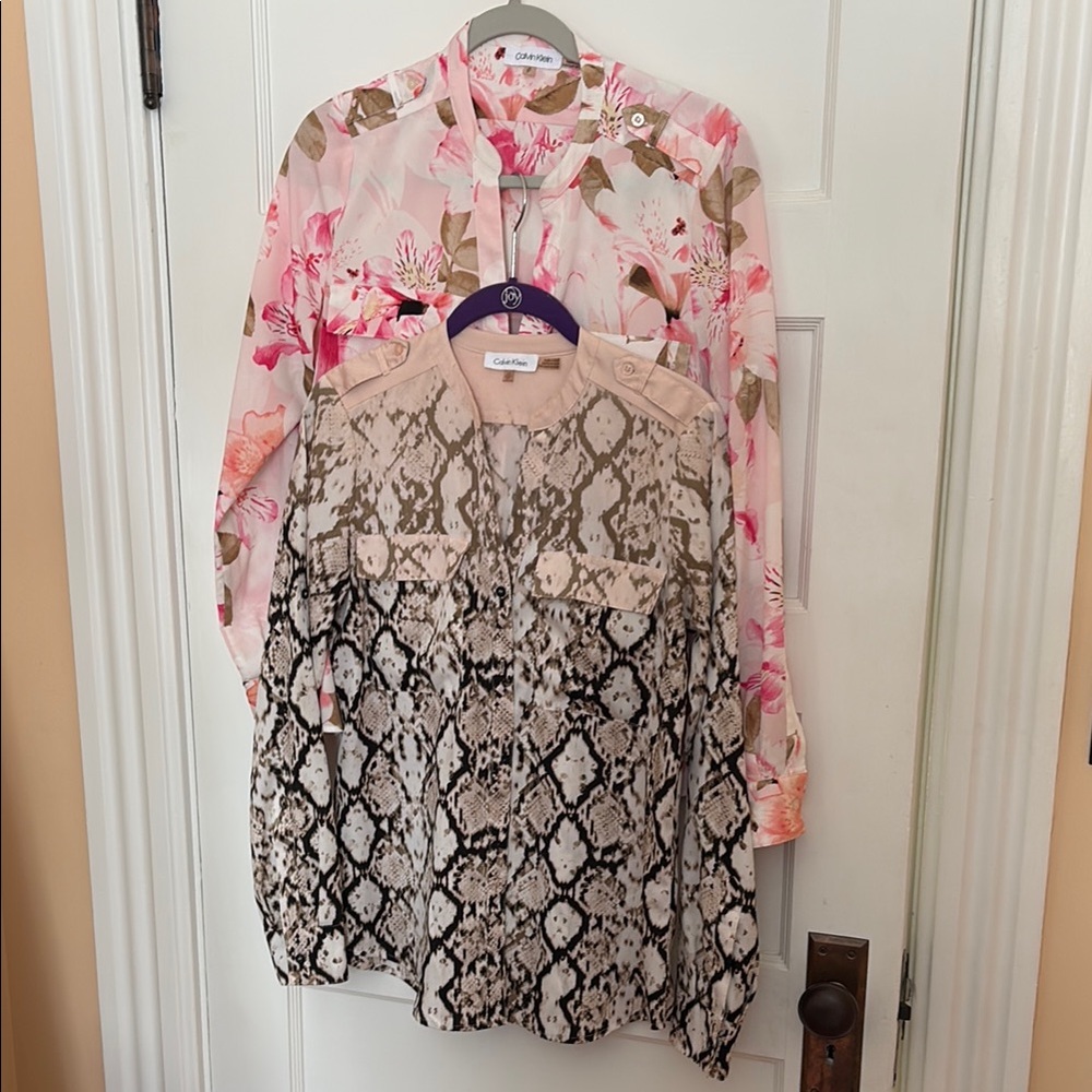 Bundle of 2 Calvin Klein Floral and Snake Print Blouses. Size S and XS.
